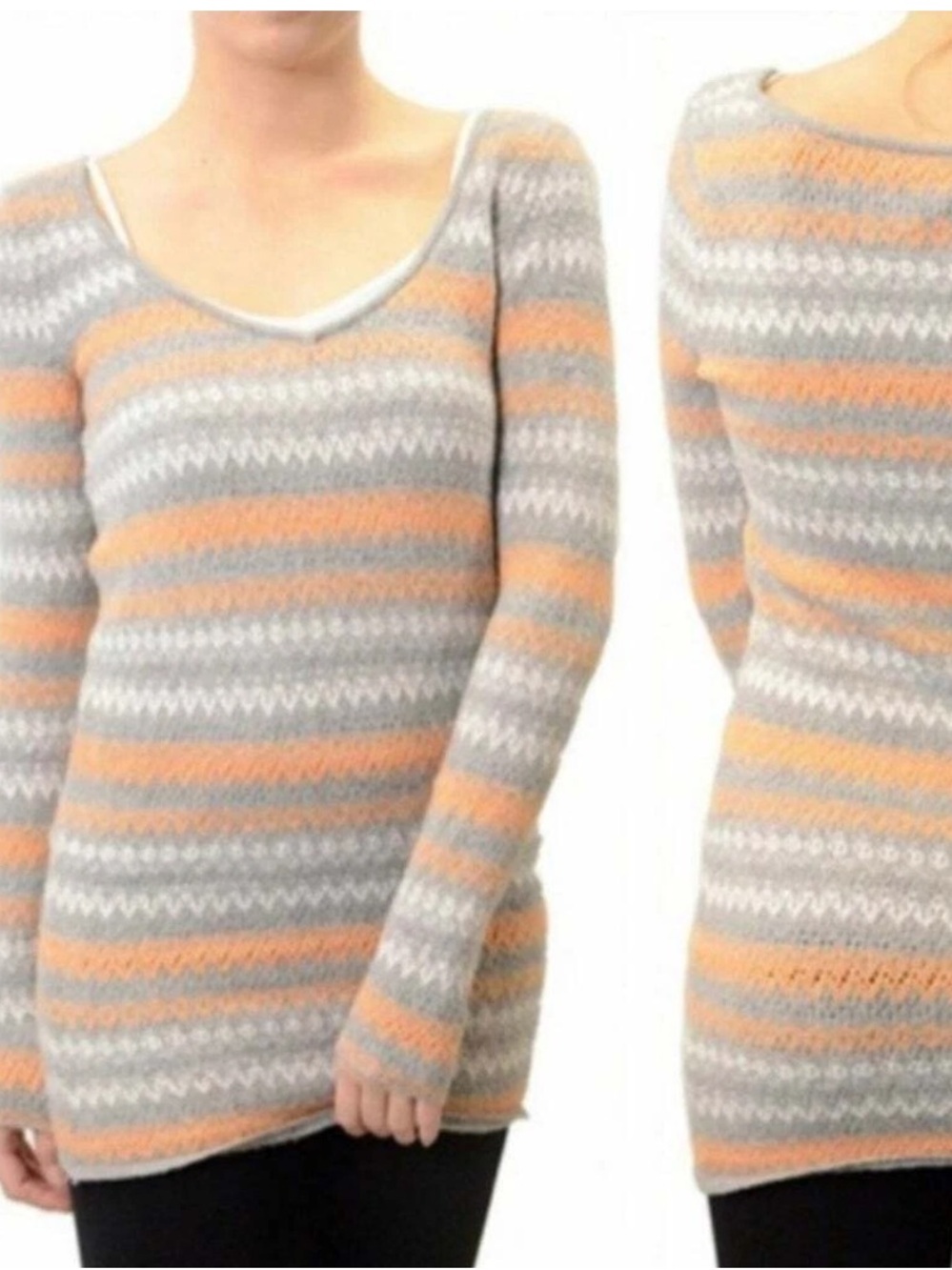 Free People Gray and Peach Striped V-Neck Knit Sweater ⭐️RARE